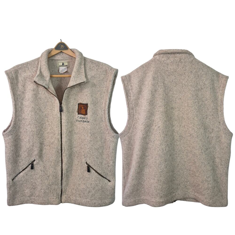 Calgary Stampede Tan Brown Full Zip Sherpa Fleece Rodeo Cowboy Logo Vest Large